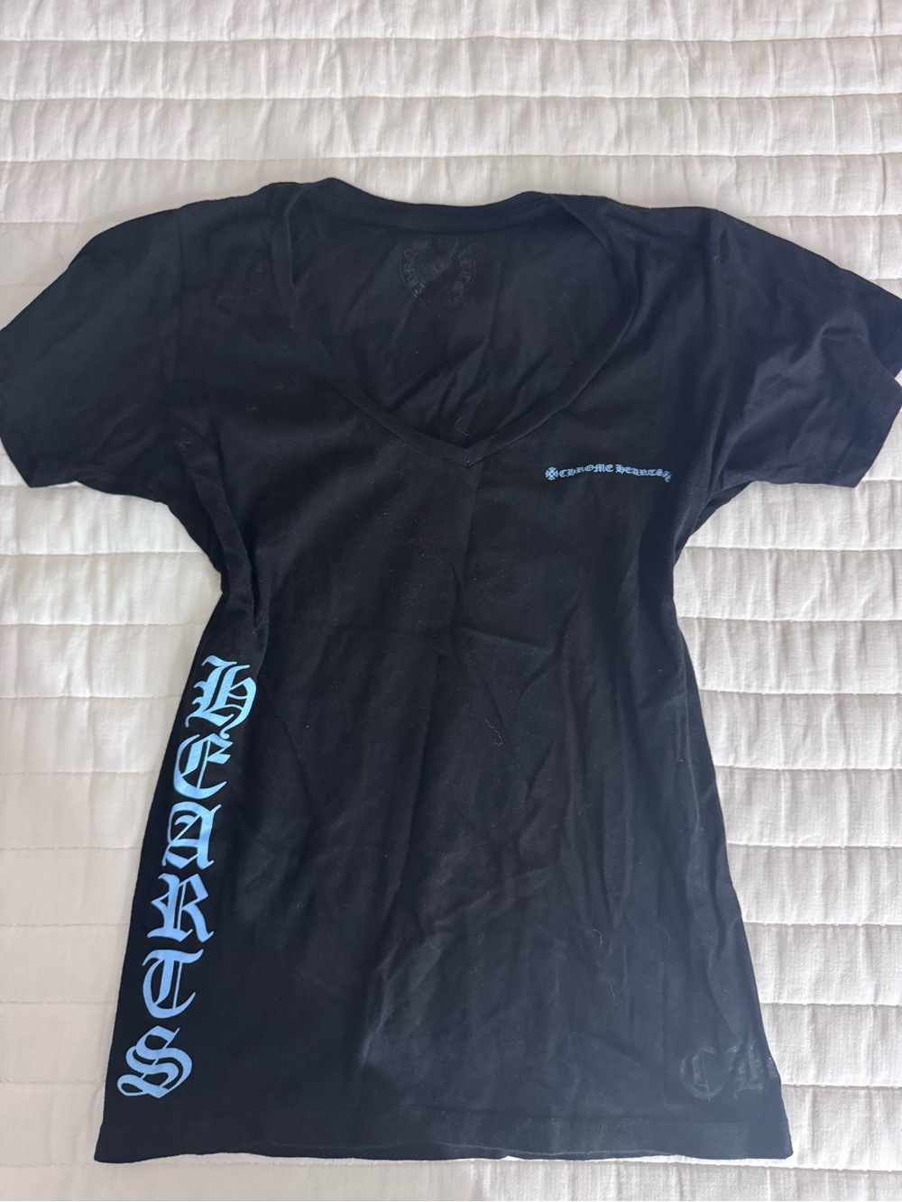 AUTHENTIC Chrome Hearts Black V-Neck Tee with Light Blue Logo